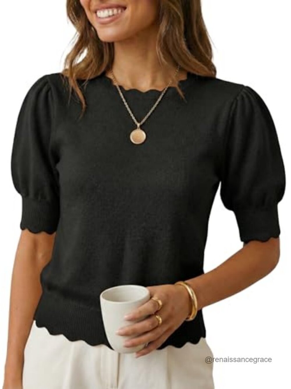 Short Sleeve Sweater Scalloped Crewneck Puff Sleeve Knit Pullover